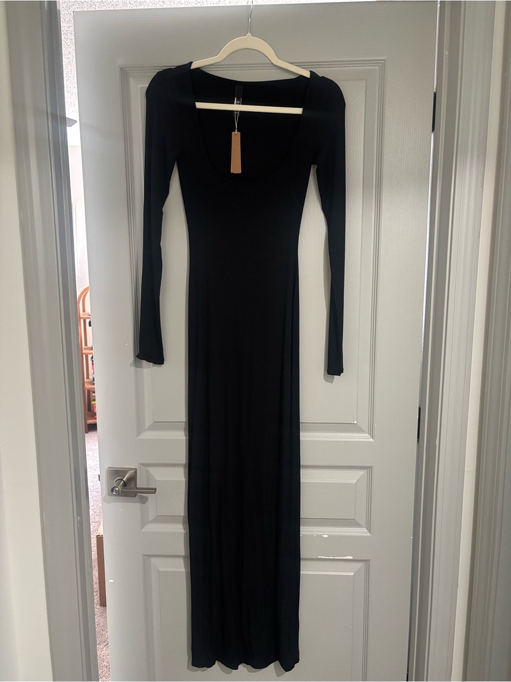 SKIMS Black Long Sleeve Scoop Neck Ribbed Maxi Dress
